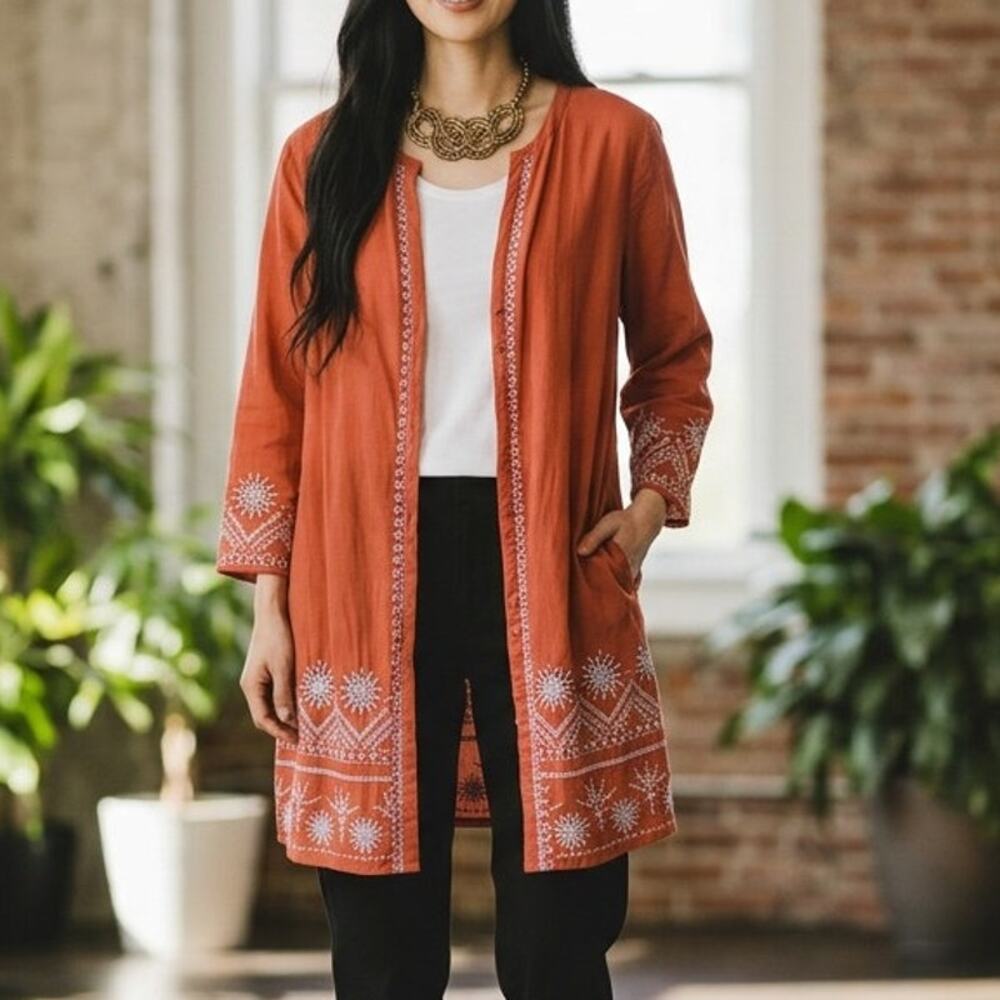 Monsoon Red Embroidered Tunic Top 12 US 100% Cotton Boho Peasant Blouse EUC